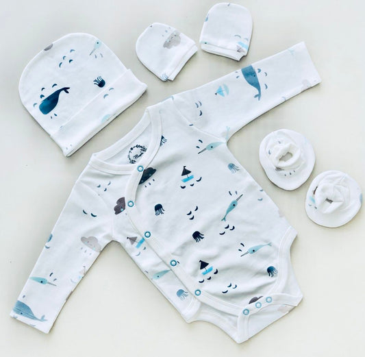 Baby Front Open Full Sleeve Romper/Bodysuit/Onesie, Cap, Booties, Mittens Set/Newborn Essentials (0-6 Months, Pack of 4)(White and Blue)