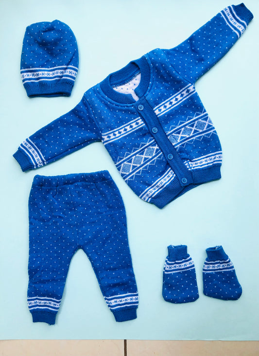 Newborn sweater, pajama, cap and booties set - Blue