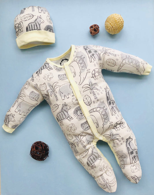 Baby Full Sleeve Romper/Bodysuit/Sleepsuit and Cap Set/Newborn Essentials (0-3 Months, Pack of 2)(Lemon forest)