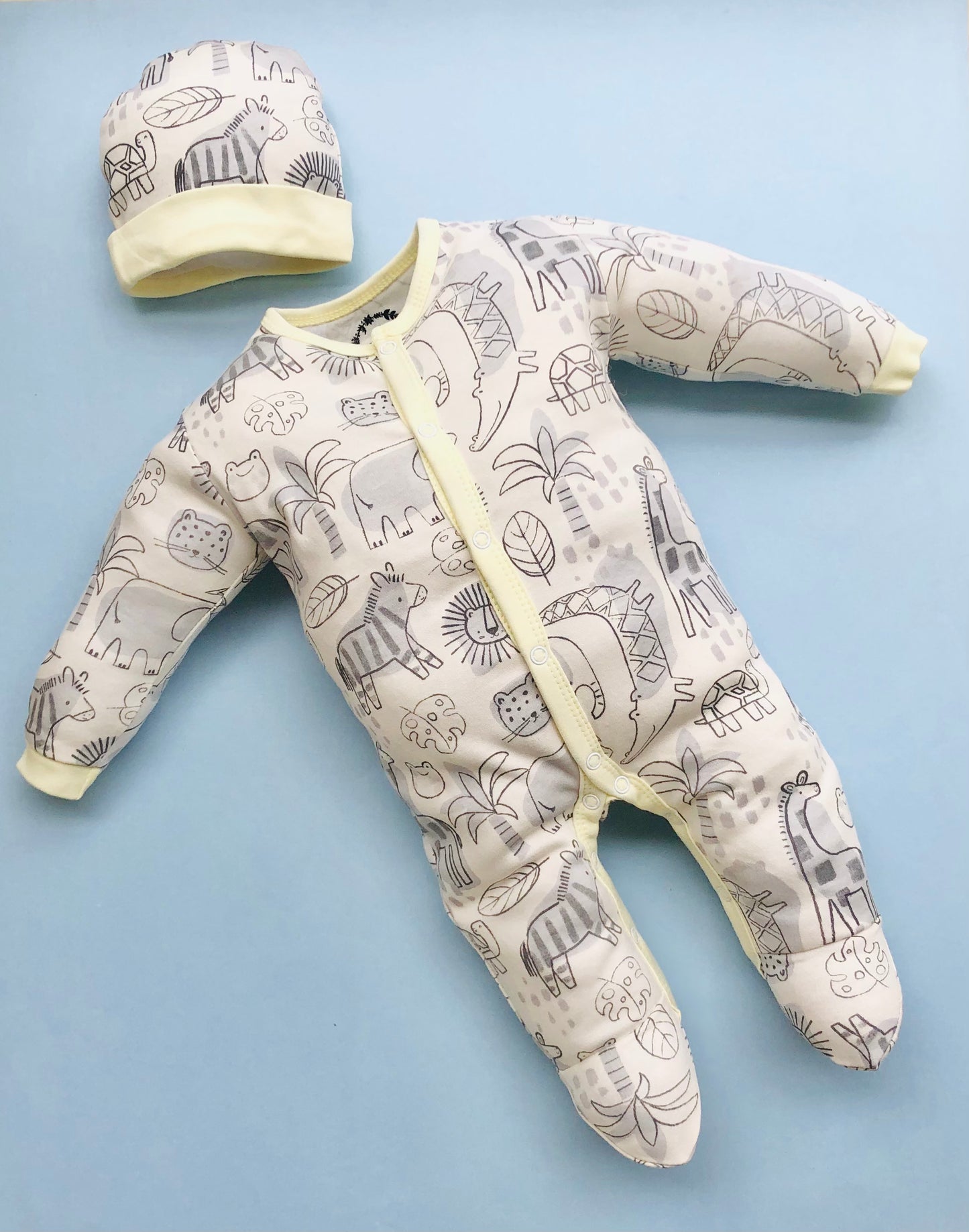 Baby Full Sleeve Romper/Bodysuit/Sleepsuit and Cap Set/Newborn Essentials (0-3 Months, Pack of 2)(Lemon forest)