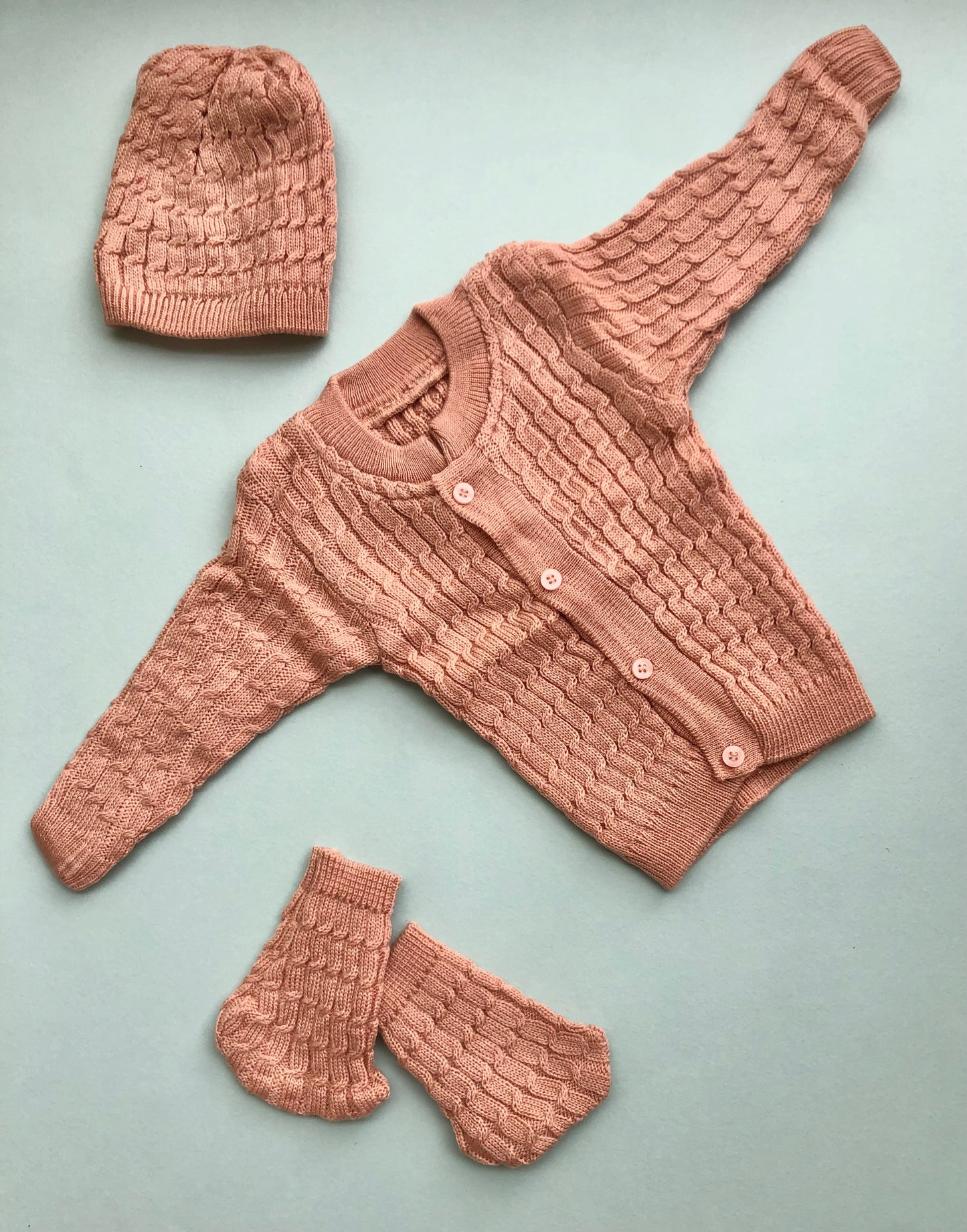 Newborn sweater, cap and booties set - Beige/Pink