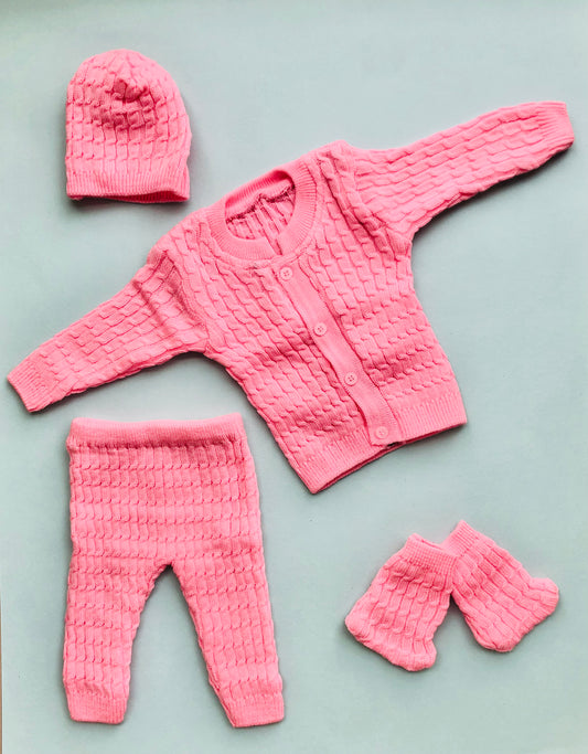 Newborn sweater, pajama, cap and booties set - Pink