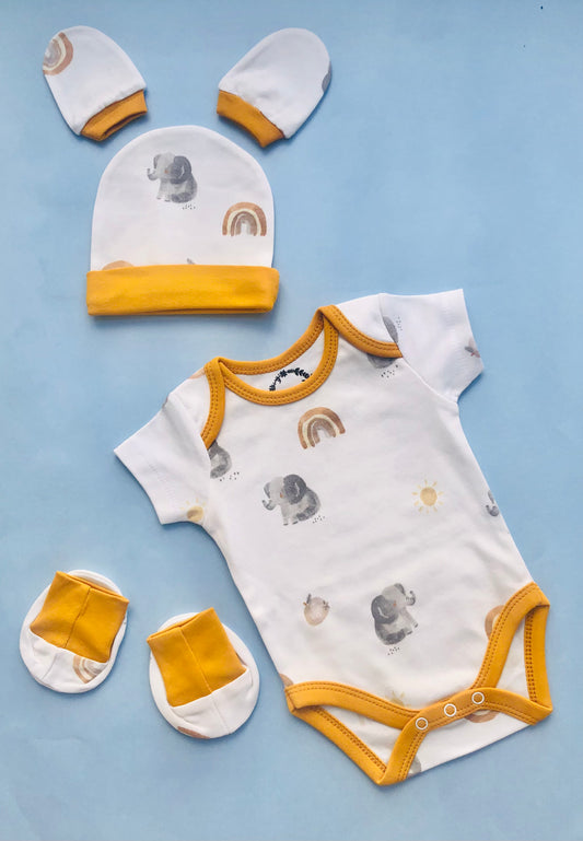 Baby Half Sleeve Romper/Bodysuit/Onesie, Cap, Booties, Mittens Set/Newborn Essentials (0-3 Months, Pack of 4)(White with yellow rainbow)