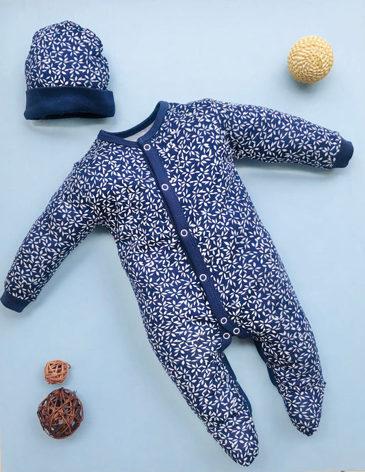 Baby Full Sleeve Romper/Bodysuit/Sleepsuit and Cap Set/Newborn Essentials (0-3 Months, Pack of 2)(Navy blue)