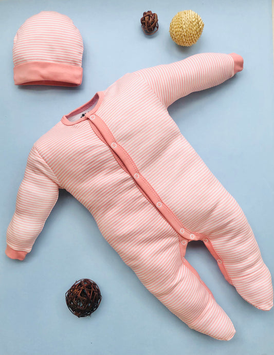 Baby Full Sleeve Romper/Bodysuit/Sleepsuit and Cap Set/Newborn Essentials (0-3 Months, Pack of 2)(Pink stripes)
