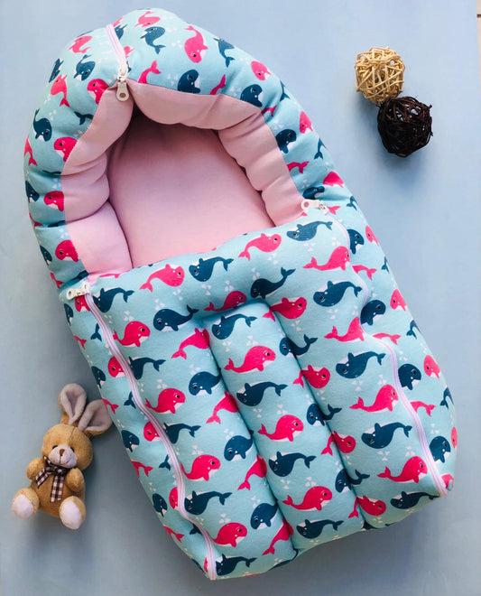 Baby Cotton Carrier Nest / sleeping bag, blue dolphin ( Newborn - 6 Months)