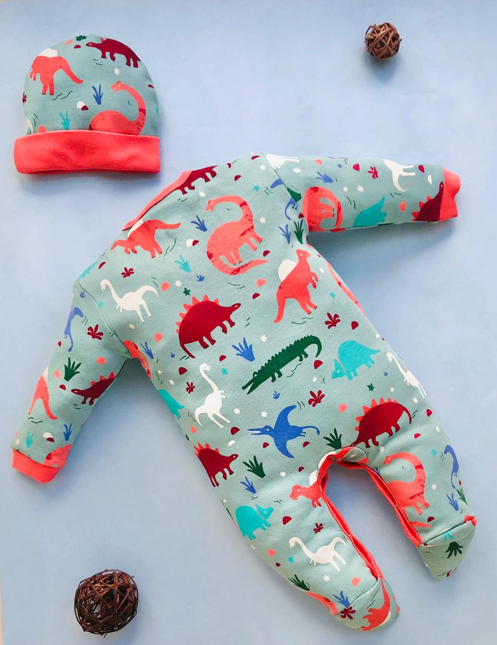 Baby Full Sleeve Romper/Bodysuit/Sleepsuit and Cap Set/Newborn Essentials (0-3 Months, Pack of 2)(Green Dino)