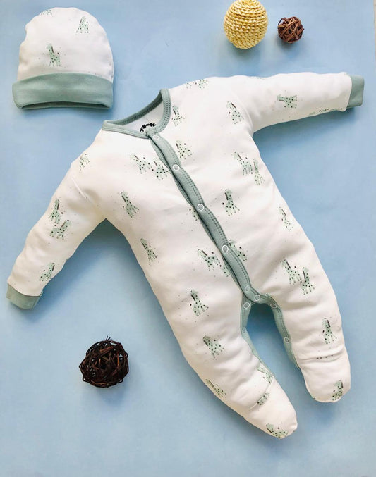 Baby Full Sleeve Romper/Bodysuit/Sleepsuit and Cap Set/Newborn Essentials (0-3 Months, Pack of 2)(White with giraffe)
