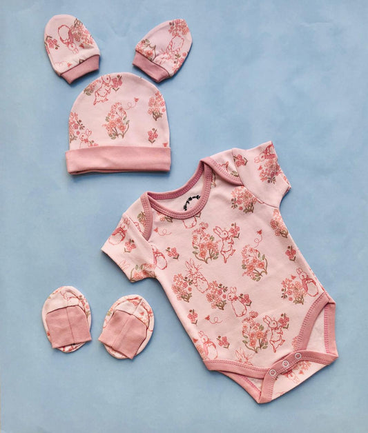 Baby Half Sleeve Romper/Bodysuit/Onesie, Cap, Booties, Mittens Set/Newborn Essentials (0-3 Months, Pack of 4)(Pink bunny)