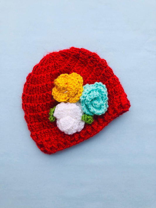 Baby woolen cap - Red with flowers