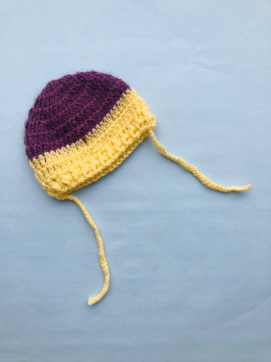 Baby woolen cap - Mauve with yellow