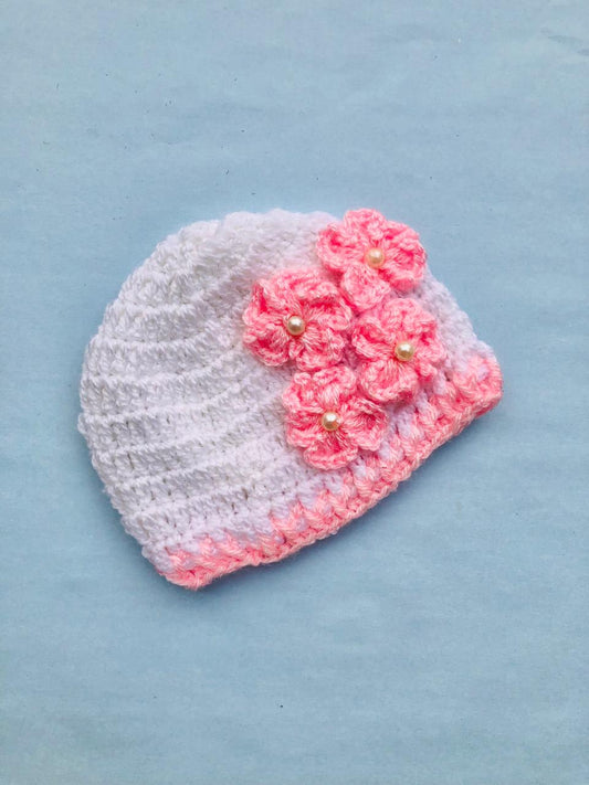 Baby woolen cap - White with pink