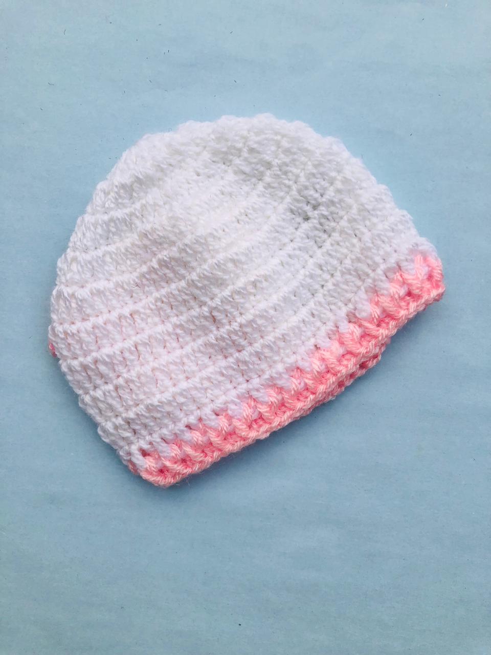 Baby woolen cap - White with pink